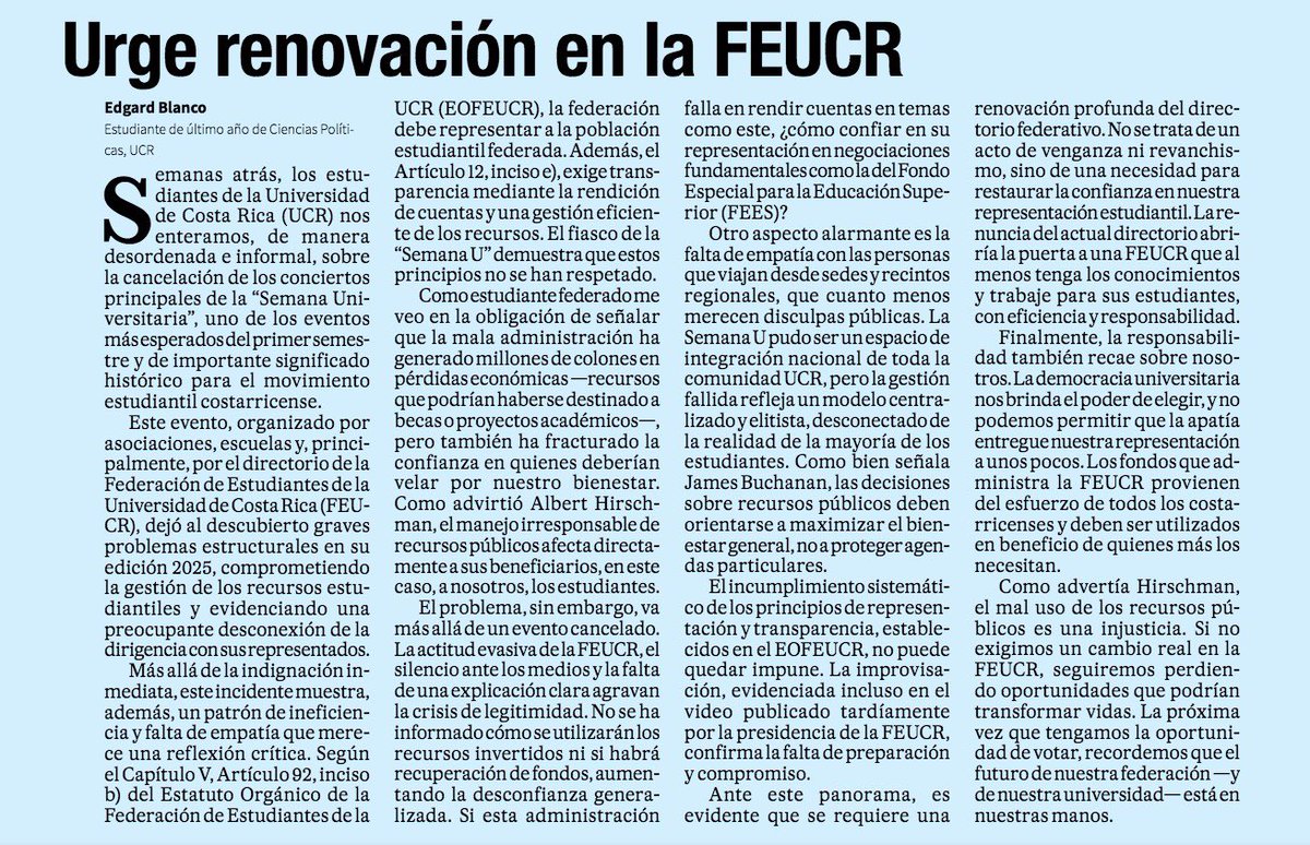 Envié un artículo al <a href="/SemanarioU/">Semanario Universidad</a> que es el periódico de la <a href="/UniversidadCR/">UCR</a> y hoy lo publicaron, un poco fuera de tiempo pero nunca pierde vigencia el tema. El punto es que #Nicaragua es el único país del mundo sin diarios impresos por tanto esto es un privilegio para mi 🙌🏻