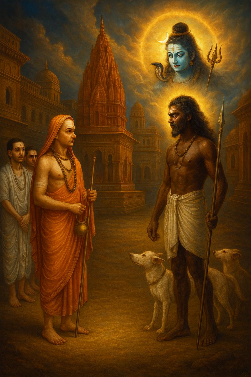 Shankaracharya Meets the Chandala

One day, while walking through the streets of Varanasi (Kashi)*,  Adi Shankaracharya, accompanied by his disciples, was on his way to the Ganges for his morning bath. As he walked, he saw a Chandala coming from the opposite direction,