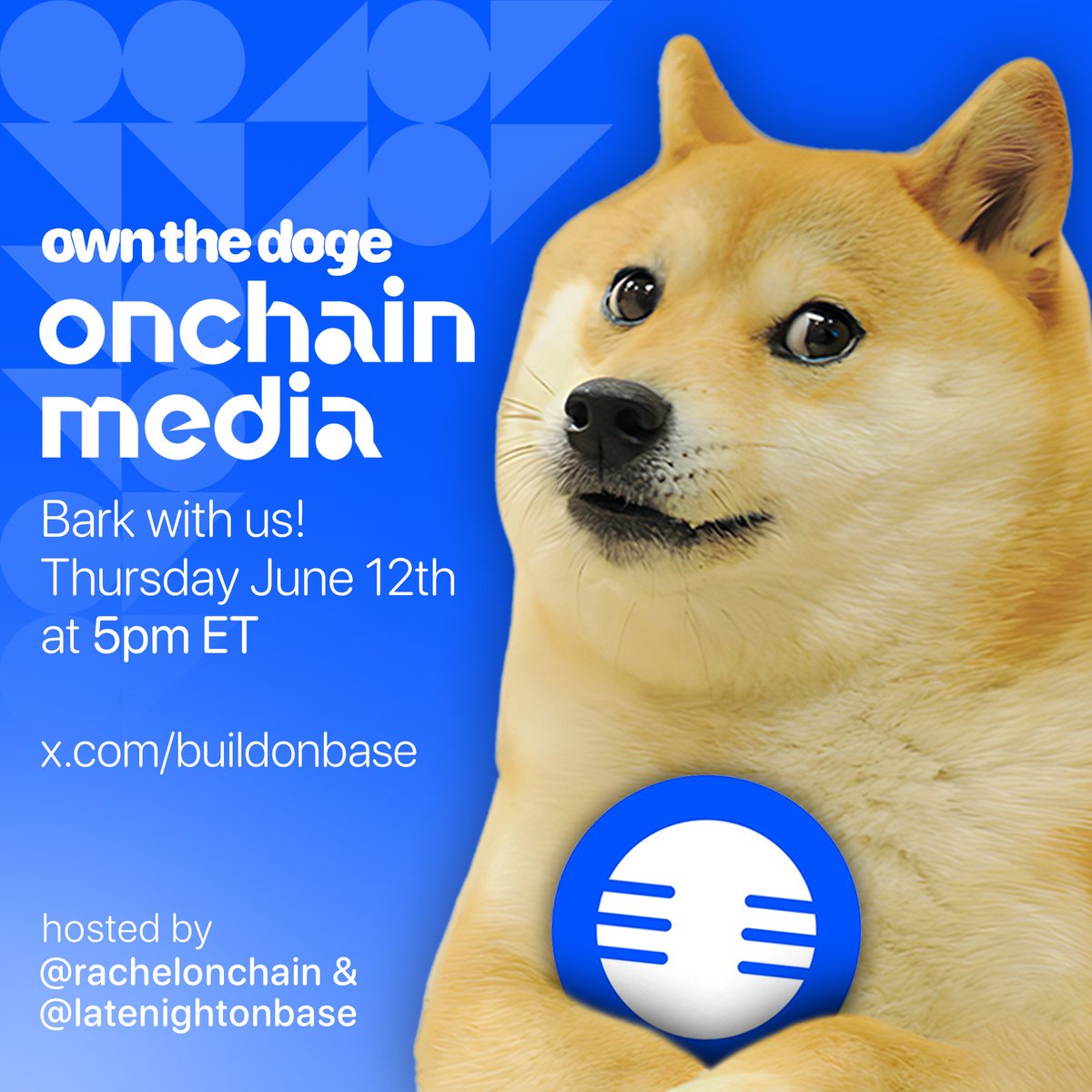 Own The Doge ๐ถ๐ผ (@ownthedoge) on Twitter photo Weโre hopping on the <a href="/buildonbase/">Build on Base</a> livestream tomorrow at 5PM ET where we'll be borking memes, provenance, IP, and all things Doge ๐ถโก๏ธ Weโre hopping on the <a href="/buildonbase/">Build on Base</a> livestream tomorrow at 5PM ET where we'll be borking memes, provenance, IP, and all things Doge ๐ถโก๏ธ
