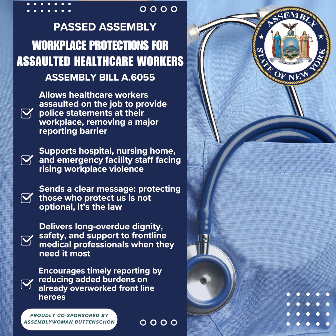 Assembly Bill A.6055 has passed the Assembly! 

This bill gives assaulted healthcare workers the right to provide police statements at their workplace, removing barriers to justice and honoring their courage.

Our frontline heroes deserve safety, dignity, and support.
