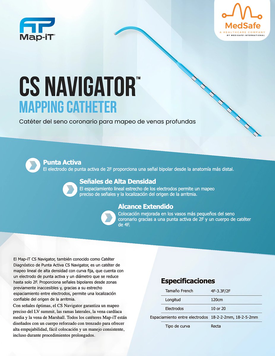 MedSafeint's tweet image. Conozca CS Navigator, el catéter diagnóstico de punta activa diseñado para redefinir el mapeo intracardíaco.

Map-iT CS Navigator es un catéter de mapeo lineal de alta densidad con curva fija y electrodo de punta activa.

#EPeeps_Bot #EP_Bot #EPeeps