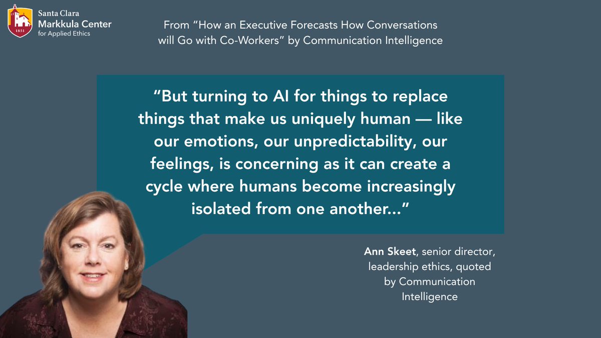 Ann Skeet, senior director, leadership ethics, warns against using AI chatbots to handle work communication, a practice adopted by an executive at Moderna. 🤖 Read the full article, published by Communication Intelligence: scu.edu/ethics/media-m…