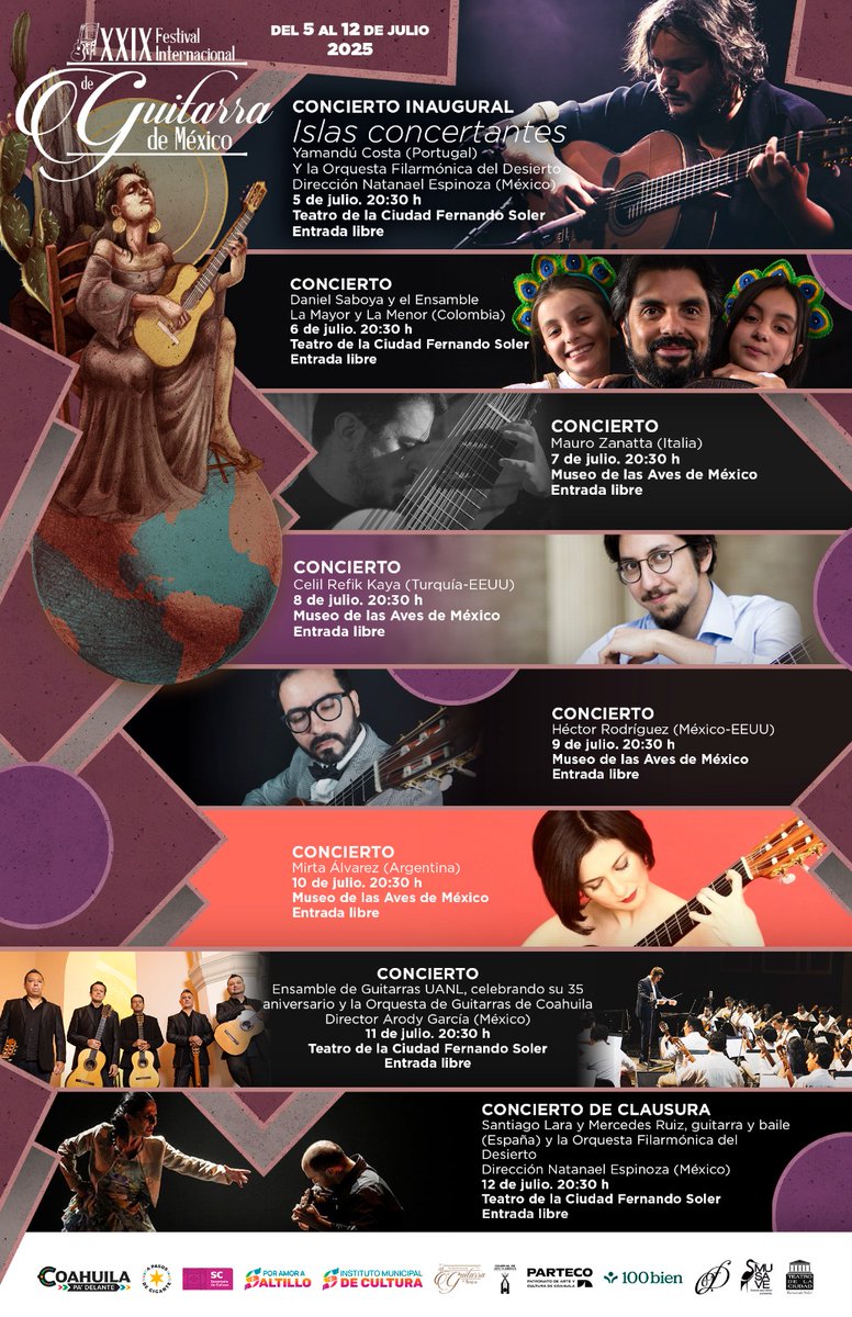 Hoy presentamos la cartelera de conciertos de #LaGranFiestaDeLaGuitarraEnMéxico del 5 al 12 de julio de 2025 en #Saltillo 
<a href="/GobDeCoahuila/">Gobierno de Coahuila</a> <a href="/SaltilloGob/">Gobierno Municipal de Saltillo</a> <a href="/CulturaCoahuila/">SC COAHUILA</a> <a href="/culturasaltillo/">Instituto Municipal de Cultura de Saltillo</a>