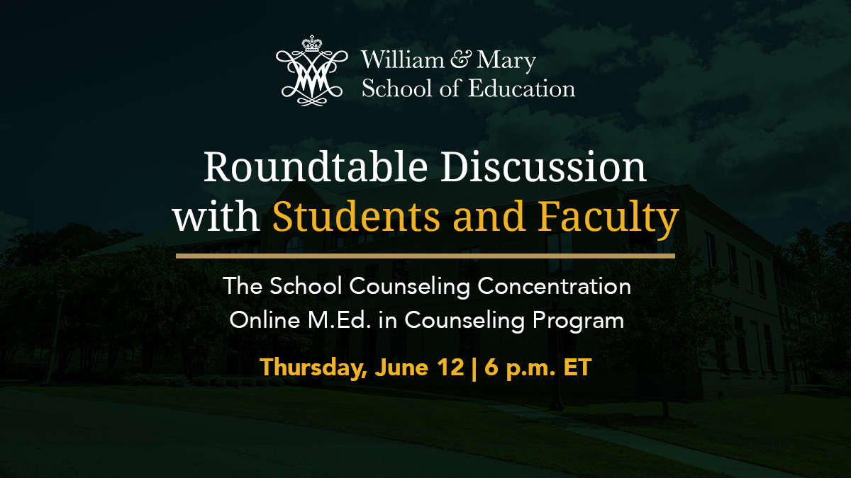 W&M School of Education (@wmsoe) on Twitter photo Explore the School Counseling concentration in W&M’s Online M.Ed. in Counseling program. Join us on June 12 as current students and faculty discuss preparing students for successful careers, practical applications of the coursework and more. Register at pages.universityadmissions.info/wm-soe-roundta…! Explore the School Counseling concentration in W&M’s Online M.Ed. in Counseling program. Join us on June 12 as current students and faculty discuss preparing students for successful careers, practical applications of the coursework and more. Register at pages.universityadmissions.info/wm-soe-roundta…!