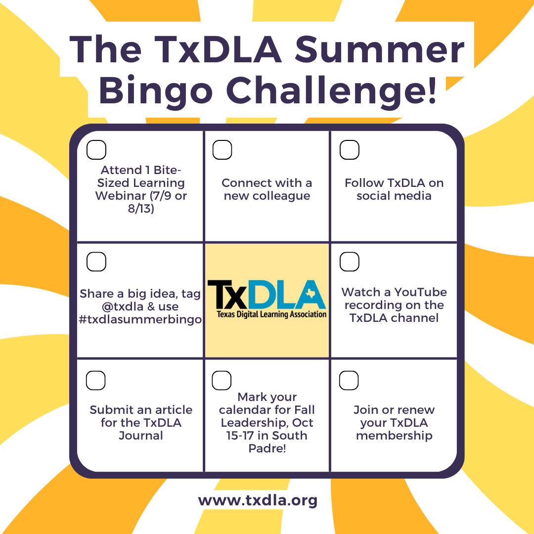 txdla's tweet photo. Join educators in advancing digital learning excellence!
✓ Complete activities this summer, share progress with #TxDLASummerBingo by 8/31 for a chance for prizes!
Engage, connect, grow together!
Get started:https://t.co/KBuNUosyEz
#TxDLA #DigitalLearning #SummerChallenge #EdTech https://t.co/ItLR7iIRys