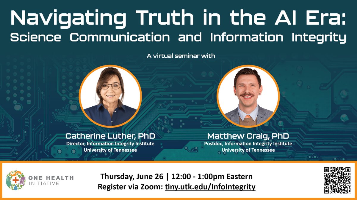 UTOneHealth's tweet image. On June 26, @UTCCI's Catherine Luther & Matthew Craig will join us to discuss science communication and the impact of AI technologies. Don't miss this timely & important convo! Register via Zoom: tiny.utk.edu/InfoIntegrity.
#OneHealth #SciComm #ScienceCommunication #AI