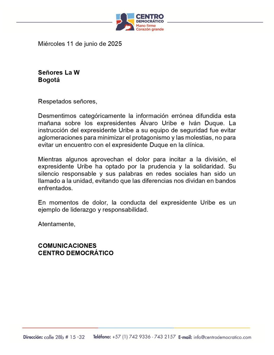 Comunicación pública a W Radio (<a href="/WRadioColombia/">W Radio Colombia</a>)