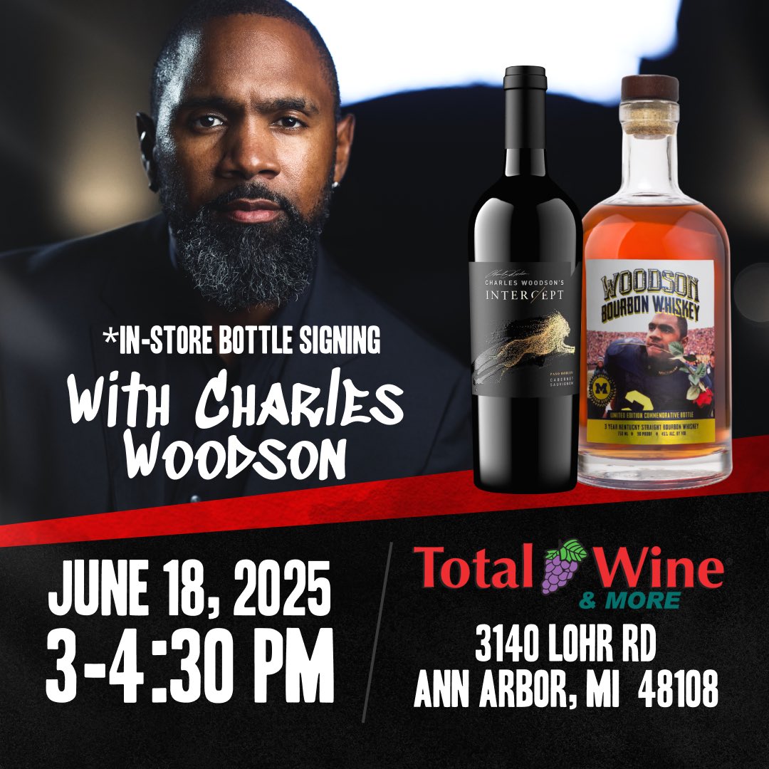 Woodson Whiskey (@woodsonwhiskey) on Twitter photo 🚨 Ann Arbor 🚨 See everyone next week! Come meet <a href="/CharlesWoodson/">Charles Woodson</a> and get him to sign your Rose In Mouth Commemorative bottle! 〽️〽️ 🚨 Ann Arbor 🚨 See everyone next week! Come meet <a href="/CharlesWoodson/">Charles Woodson</a> and get him to sign your Rose In Mouth Commemorative bottle! 〽️〽️