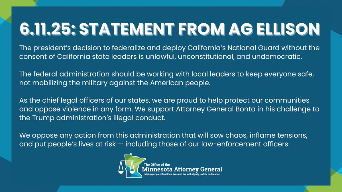 Today, I joined 18 of my attorneys general colleagues in releasing the following statement condemning the Trump administration for unlawfully deploying the California National Guard against protestors in California, without coordination with state leadership.