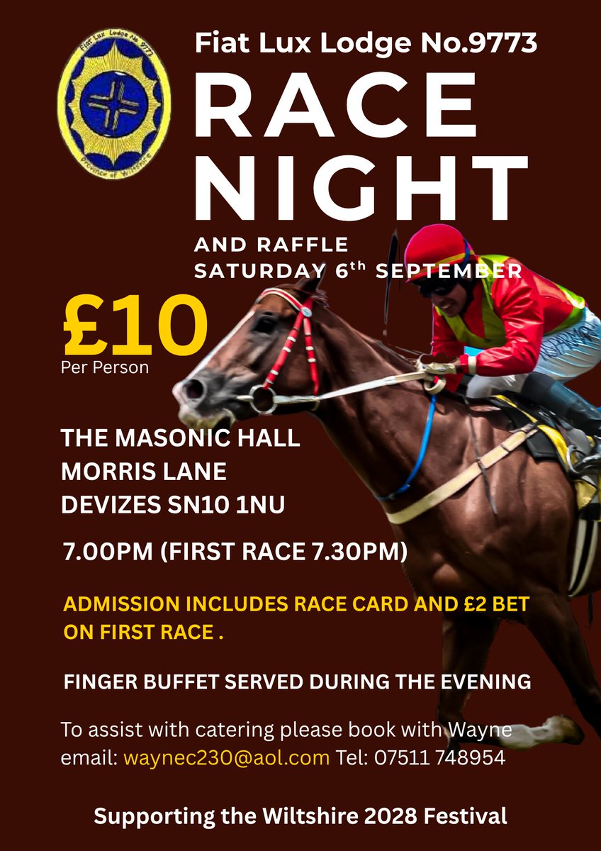 Book the best seats for <a href="/FiatLux9773/">Fiat Lux lodge No 9773</a> spectacular Race Night on Saturday 6th September.  All the thrills and spills of the racetrack in the comfort of The Masonic Hall, Devizes.  Even if you're not a winner the Wiltshire 2028 Festival will be thanks to your support. <a href="/pgm_pglwilts/">ProvGMWiltshire</a>