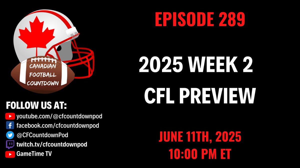 The Canadian Football Countdown (@cfcountdownpod) on Twitter photo Join us tonight at 10PM ET for our Week 2 #CFL Preview Show!
Storylines, #CFLFantasy players to watch, & #CFLBetting picks for each game
Plus <a href="/CFFUniversity/">Brandon Sanders</a> of <a href="/GlobalFFPod/">Global Fantasy Podcast</a> joins us for our annual look at CFF stars looking to make an impact in the CFL!
youtube.com/live/1_6X12QVE… Join us tonight at 10PM ET for our Week 2 #CFL Preview Show!
Storylines, #CFLFantasy players to watch, & #CFLBetting picks for each game
Plus <a href="/CFFUniversity/">Brandon Sanders</a> of <a href="/GlobalFFPod/">Global Fantasy Podcast</a> joins us for our annual look at CFF stars looking to make an impact in the CFL!
youtube.com/live/1_6X12QVE…