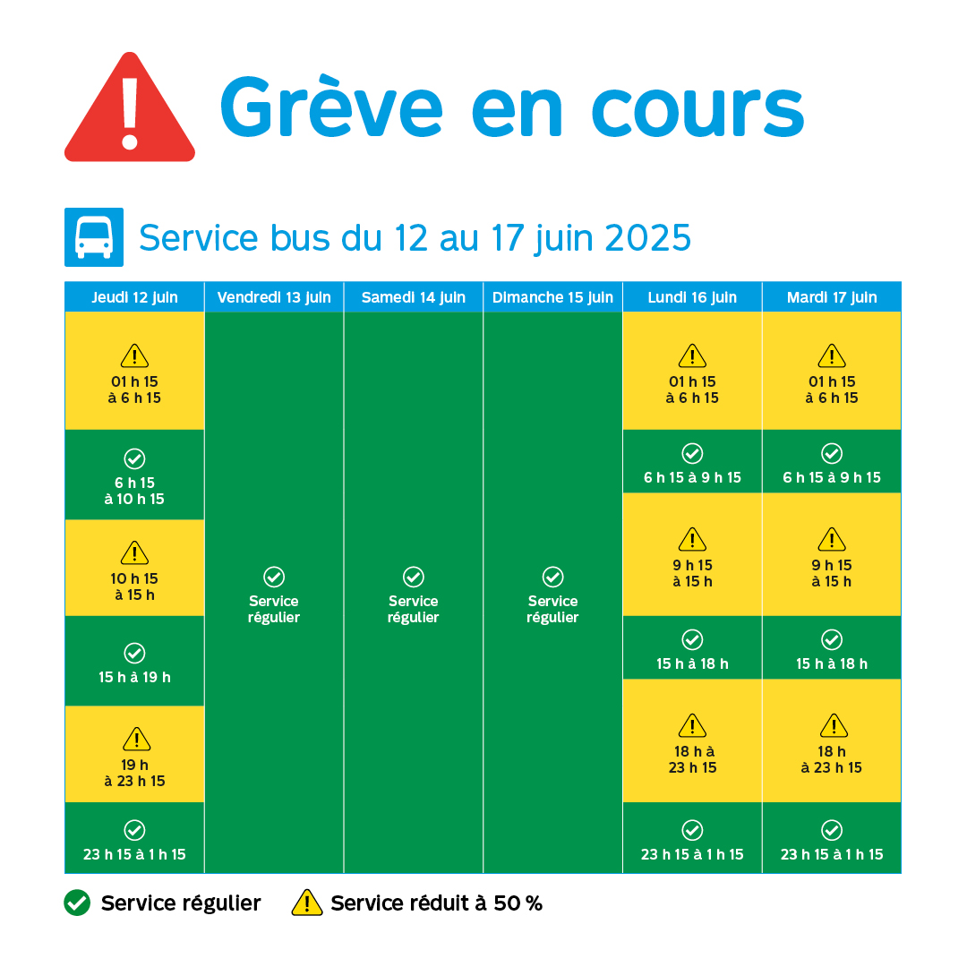 stminfo's tweet photo. [Info Grève] ⚠️🚌🚇 Demain, le 12 juin, les bus et le métro roulent toute la journée.

✅Service régulier aux heures de pointe
🔻Service réduit de 50% sur l'ensemble du réseau en dehors des heures de pointe et en fin de soirée.

Pour plus de détails ⏩ https://t.co/zSbp5hMqwr https://t.co/9k5OzU36q1