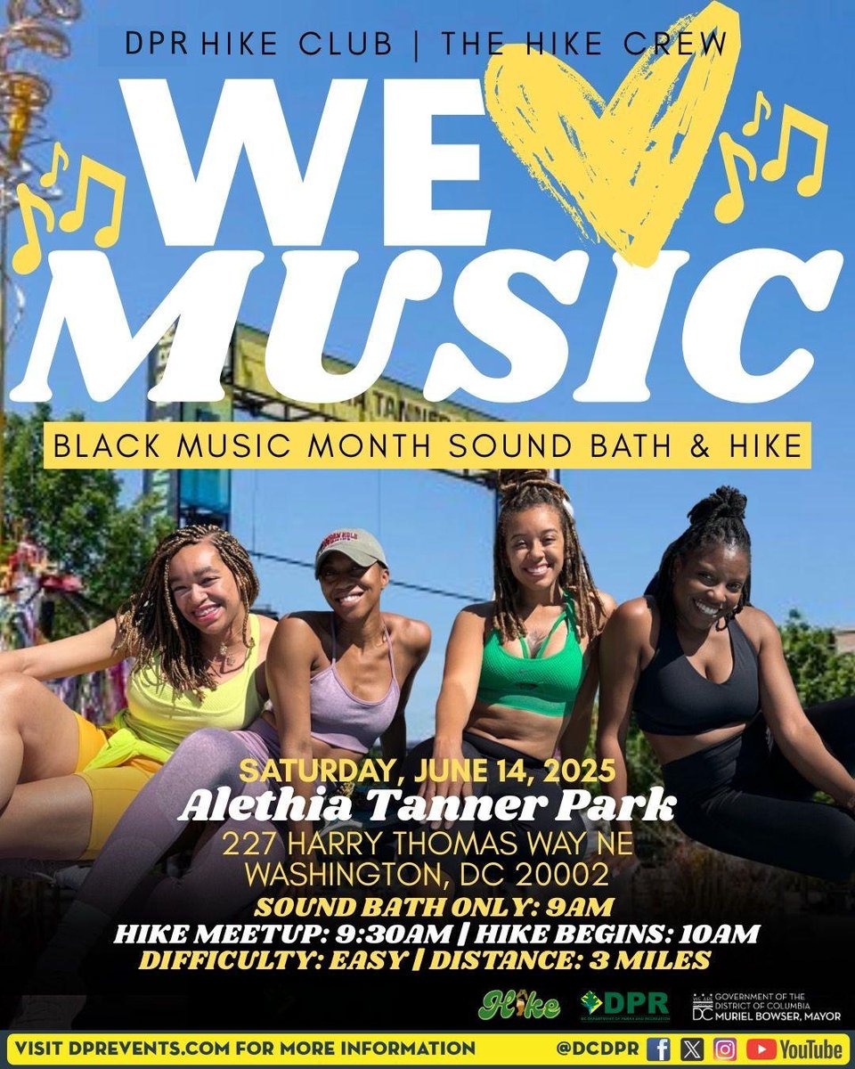It's Black Music Month, DC! 🎶

Celebrate by joining <a href="/DCDPR/">DC Parks & Recreation #WhereFunHappens</a>'s Black Music Month Sound Bath &amp; Hike—the perfect way to get active, meet new friends, and listen to some great music.

Check it out 🔜DPRevents.com