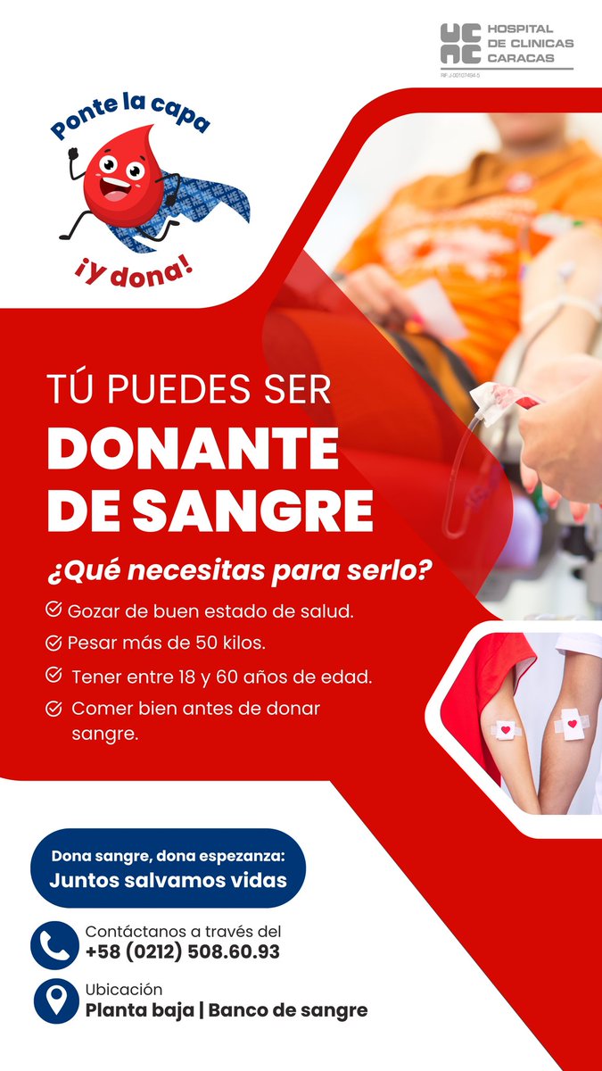 ¡Ponte la capa y dona!🩸

Aquí les dejamos los requisitos que deben reunir para ser donantes. Chequéenlos y verán que es muy sencillo ser parte de esta gran causa.

"Dona Sangre, Dona Esperanza. Juntos Salvamos Vidas” (OMS)

Los esperamos en nuestro Banco de Sangre - planta baja.