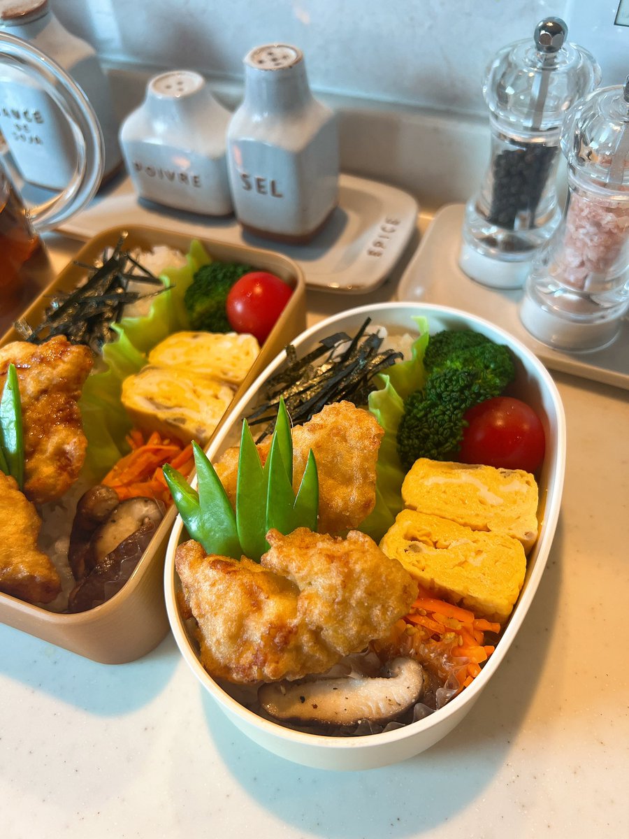 木曜日　とり天弁当。

久しぶり過ぎて震える。
視界が未だにぶるぶる🌀

#お弁当 #お弁当記録 
#お弁当日記 
#お弁当作り楽しもう部