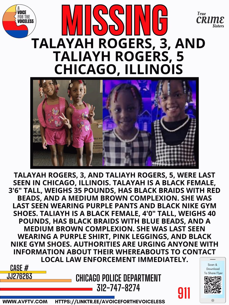 🚨 MISSING CHILDREN ALERT 🚨
Talayah Rogers, 3, and Taliayh Rogers, 5, were last seen in Chicago, Illinois. Their loved ones and authorities are asking for your help to bring them home safely.
👧🏽 Talayah: 3'6", 35 lbs, medium brown complexion, black braids with red beads
👕 Last