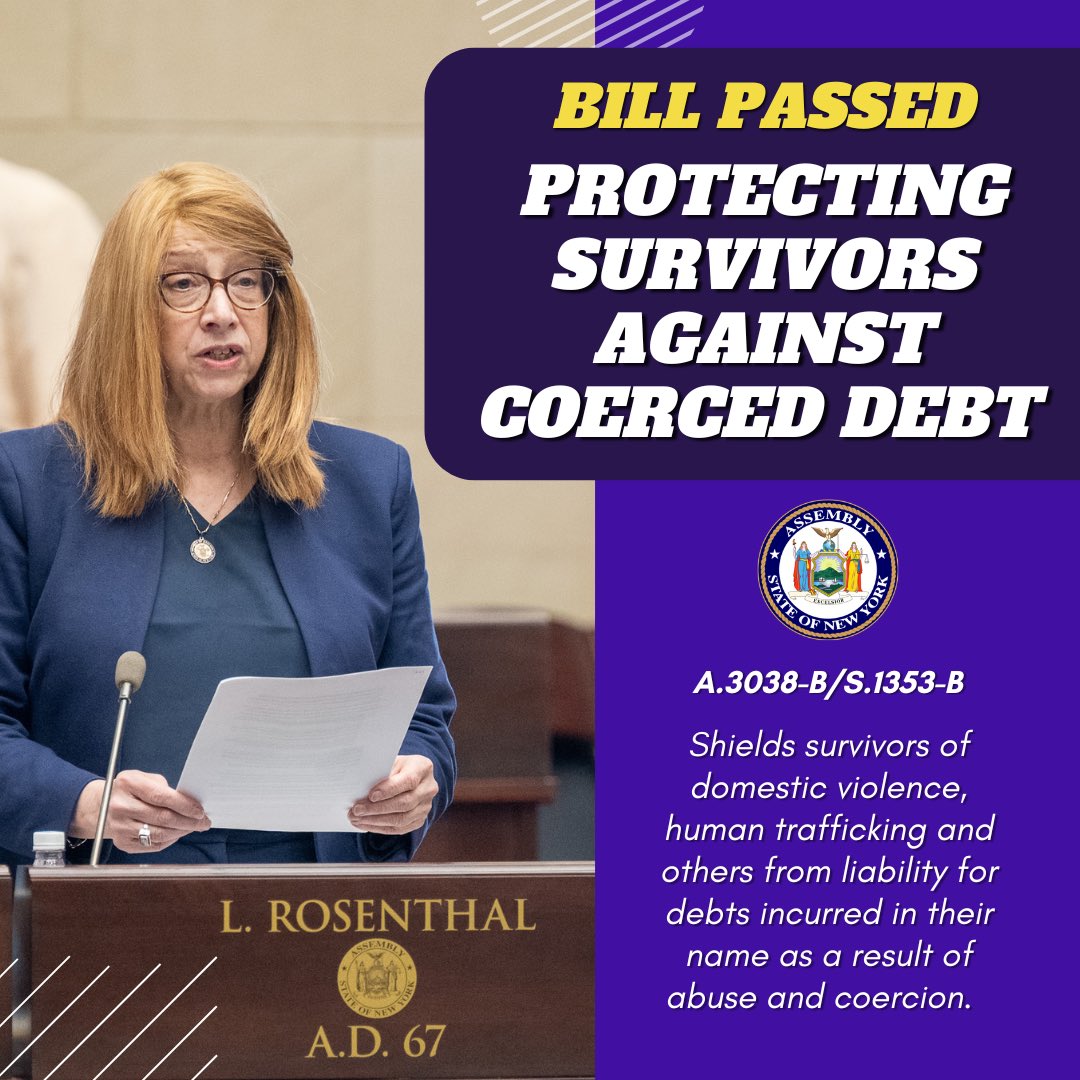 LindaBRosenthal's tweet image. Survivors fleeing domestic violence &amp;amp; other harm must not be saddled with their abuser’s debt.

Once my bill with @SenatorCCleare is signed, New York State will provide survivors a path to ensure they are no longer held liable for debts forced upon them through abuse &amp;amp; coercion.
