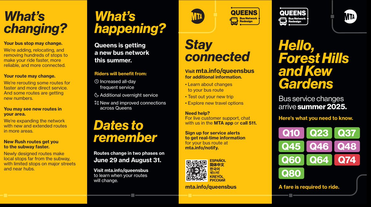 pwbnyc's tweet photo. The @NYCTBus #QueensBusRedesign begins taking effect on June 29th, with more being implemented on August 31. See below for affected routes in Central Queens &amp; visit https://t.co/nB2udeEzc7 to learn about new travel options throughout Queens &amp; a new trip planner. @QueensCB6 https://t.co/JCkJ0w1Qzf