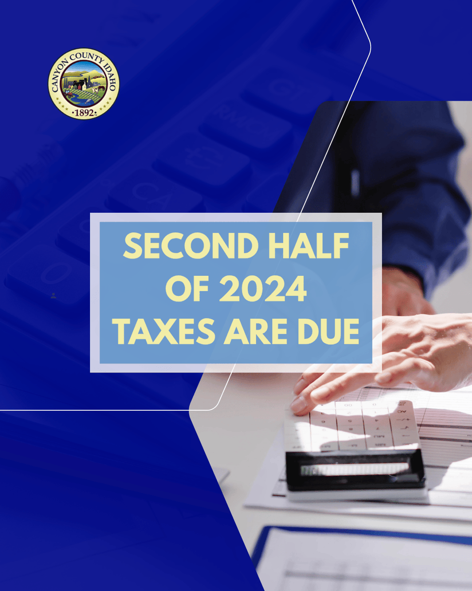 Important Tax Deadline Reminder!!

The second half of 2024 taxes are due June 20, 2025. Submitting your payment on time helps you avoid late fees and interest charges.

For full details and payment guidelines, please refer to this Press Release --&gt; (canyoncounty.id.gov/second-half-of…)
