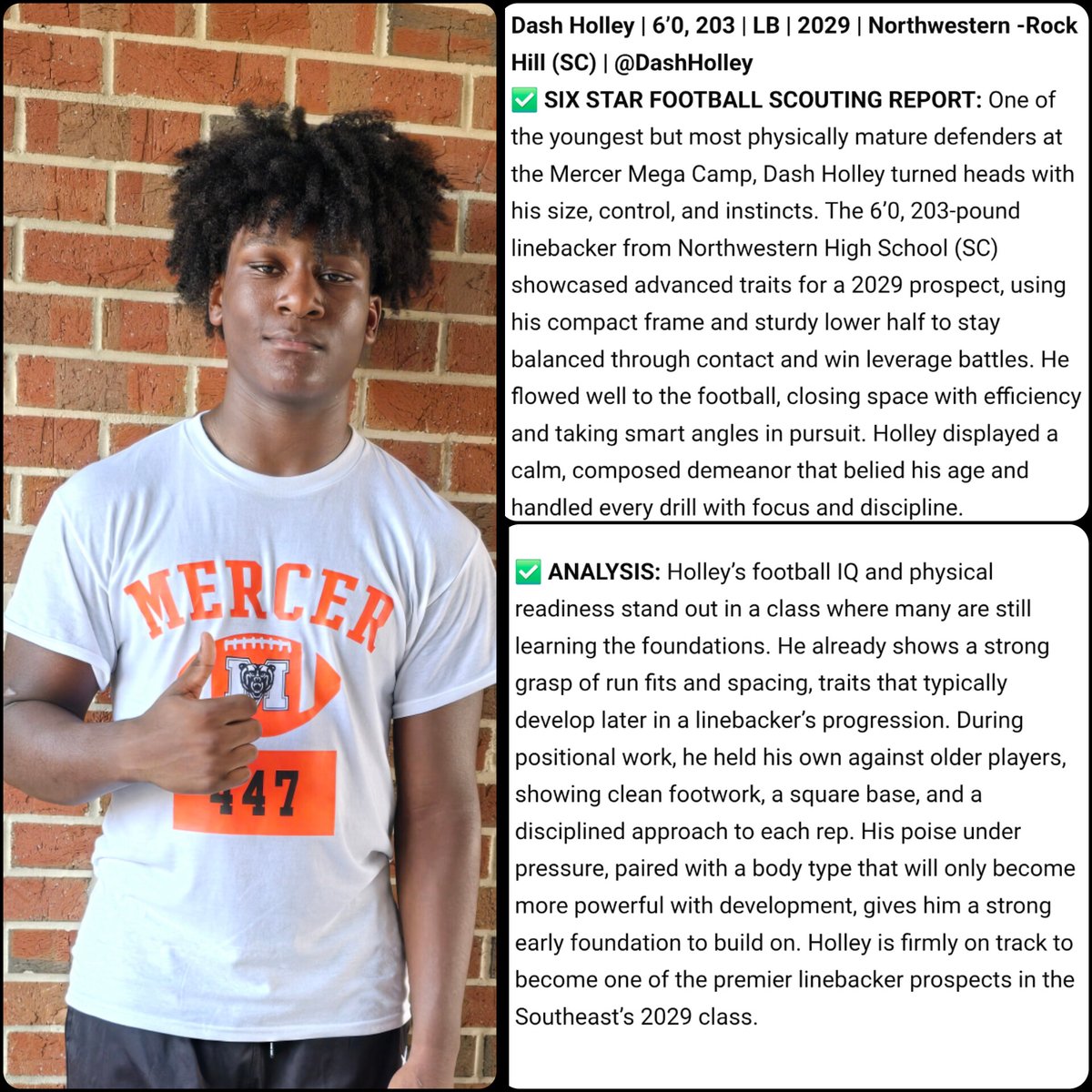 Dash Holley (@dashholley) on Twitter photo Thank you <a href="/sixstarfootball/">Six Star Football | PLUS+</a> for this write-up. I β£οΈ this game! Thanks <a href="/MercerFootball/">Mercer Football</a> for such a great camp.<a href="/NHSTrojans/">NHS Athletics</a> <a href="/NHSCoachWofford/">πΎπ€πππ ππ€πππ€π§π</a> <a href="/NHSTrojansFB/">Trojan Football</a> <a href="/HighSchoolBlitz/">High School Blitz</a> <a href="/ErikRichardsUSA/">Erik Richards</a> <a href="/Level99Training/">Level 99 Training</a> <a href="/iamcaliph_/">Caliph Brice</a> <a href="/UAFuturesGame/">UA Futures All-America Game</a> <a href="/FBUAllAmerican/">#FBUAllAmerican</a> <a href="/dhglover/">πCoach Gloveπ</a> <a href="/SCarolinaFBU/">South Carolina FBU</a> @On3Recruits Thank you <a href="/sixstarfootball/">Six Star Football | PLUS+</a> for this write-up. I β£οΈ this game! Thanks <a href="/MercerFootball/">Mercer Football</a> for such a great camp.<a href="/NHSTrojans/">NHS Athletics</a> <a href="/NHSCoachWofford/">πΎπ€πππ ππ€πππ€π§π</a> <a href="/NHSTrojansFB/">Trojan Football</a> <a href="/HighSchoolBlitz/">High School Blitz</a> <a href="/ErikRichardsUSA/">Erik Richards</a> <a href="/Level99Training/">Level 99 Training</a> <a href="/iamcaliph_/">Caliph Brice</a> <a href="/UAFuturesGame/">UA Futures All-America Game</a> <a href="/FBUAllAmerican/">#FBUAllAmerican</a> <a href="/dhglover/">πCoach Gloveπ</a> <a href="/SCarolinaFBU/">South Carolina FBU</a> @On3Recruits