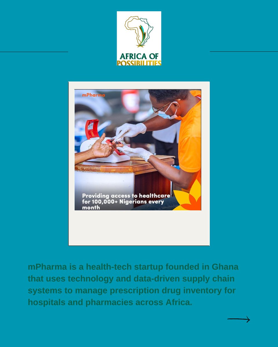 Africapossible's tweet photo. AFRICA INNOVATION OF THE WEEK
💊 Meet mPharma – a Ghanaian startup using AI + smart logistics to make life-saving medicines affordable &amp; accessible across Africa.
From Ghana to Nigeria, they’re fixing healthcare with tech.
#HealthTech #mPharma #Africaofpossibilities #MadeInAfrica https://t.co/POUCHyFesh