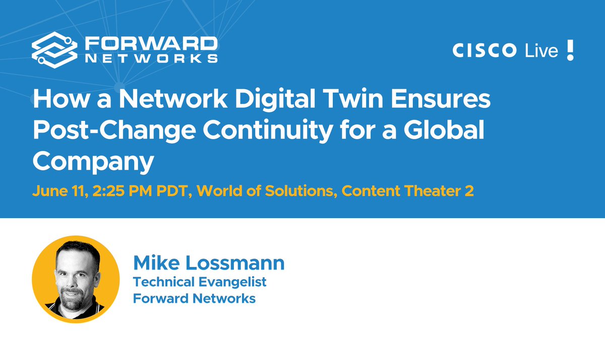 FwdNetworks's tweet image. Protect your weekend and your network! Join @mikelossmann&apos;s session in the #WorldofSolutions&apos; Content Theater 2 to learn how a global HR software company uses #ForwardNetworks&apos; #DigitalTwin to ensure that network changes do not disrupt connectivity. #NDT
hubs.li/Q03rpJ0d0
