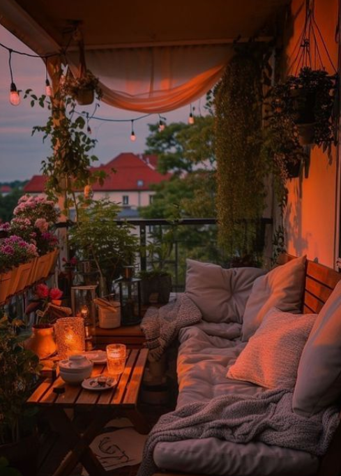 A cozy balcony retreat, where nature and twilight embrace. 🌿✨