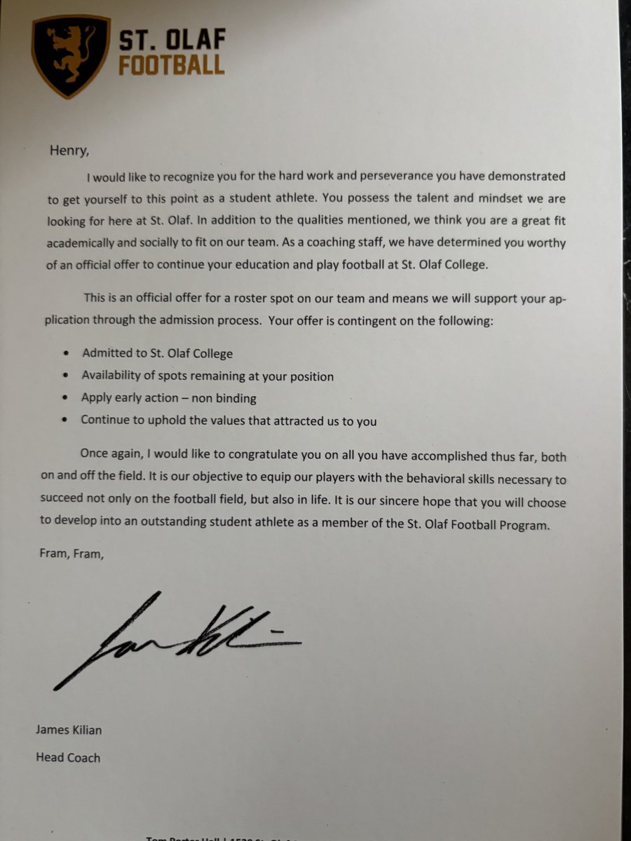Thank you to <a href="/StOlafAthletics/">St. Olaf Athletics</a> for the official offer to play at the next level. 

<a href="/CoachLucasKlein/">Lucas Kleinschrodt</a> <a href="/GburgPirateFB/">Grantsburg Pirate Football</a> 

6,2- 200lb- LINEBACKER- 2026- DPOY- State Runner Up- First team all conference