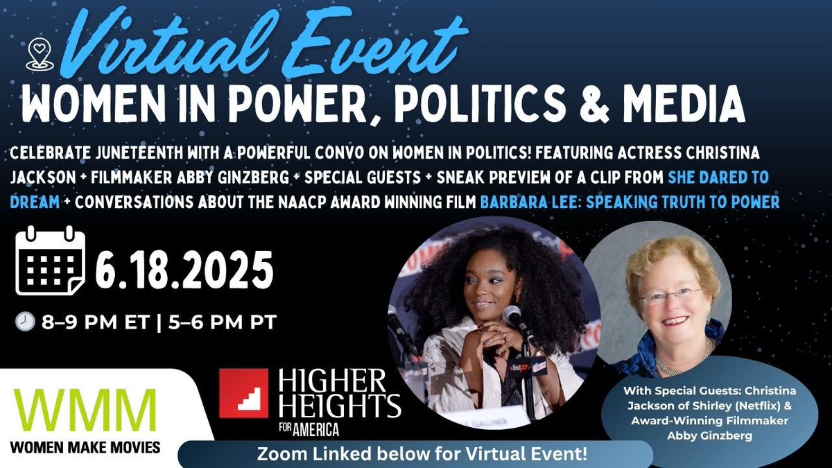 ✊🏾✨ Juneteenth Spotlight: Barbara Lee: Speaking Truth to Power + She Dared to Dream — A WMM Event on Women, Politics &amp; Power 🗳️🎥 us02web.zoom.us/webinar/regist… <a href="/womenmakemovies/">Women Make Movies</a>  <a href="/HigherHeights/">HigherHeights</a> <a href="/BarbaraLee_CA/">Barbara Lee</a>