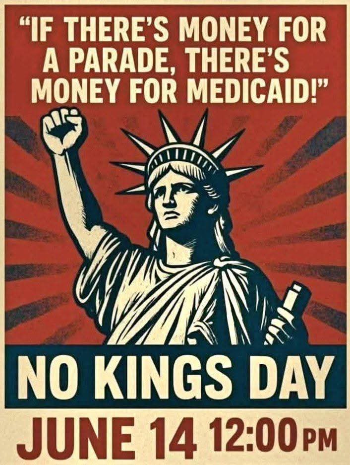 rnautismmom's tweet photo. 6/14/2025 is No Kings Day! Find a protest near you! Speak out! Be peaceful! Carry an American flag! Free our flag from Donald’s regime!
#NoKings #NoKingsProtest #NoKingsDay #militaryparade #Takebackourflag #FreeOurFlag https://t.co/jYWZaCEHMt