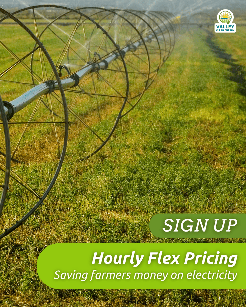 Hey farmers: Looking to cut energy costs? Valley Clean Energy’s Hourly Flex Pricing pilot lets you save by running irrigation and equipment during off-peak hours. You may also qualify for financial incentives on irrigation automation.

Learn more: zurl.co/MlPb6