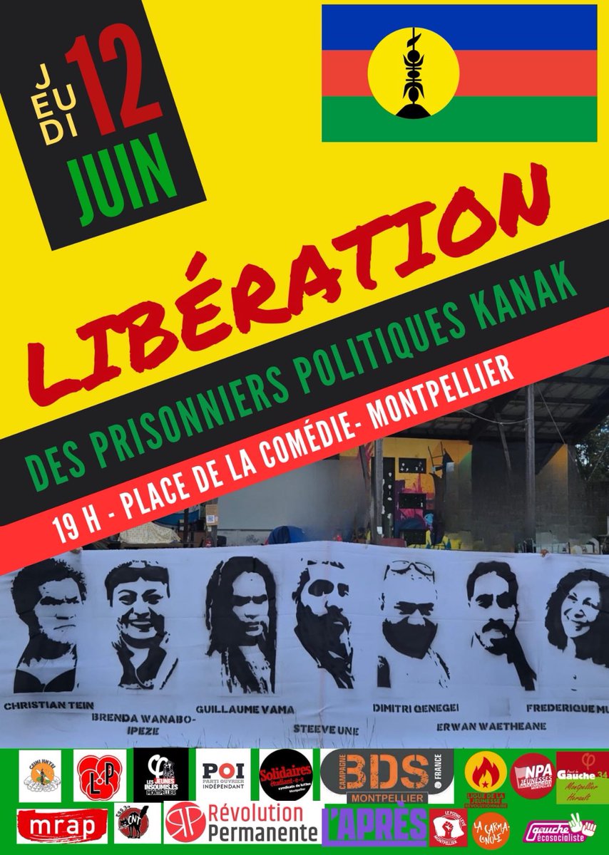 📢 Rassemblement à Montpellier – Jeudi 12 juin à 19h, place de la Comédie
✊ Pour la libération des prisonniers politiques kanaks
On y sera, rejoignez-nous !
#Montpellier #Kanaky #Décolonisation #JusticePourLesKanaks