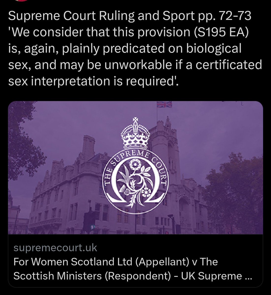 'The Supreme Court judgement was purely about positions on boards it wasn't actually talking about sport or toilets'.
What?
There's a whole section on sport.
@sarahowen.org.uk does not know what she is talking about &amp; she chaired a session discussing the SC ruling.
Appalling.