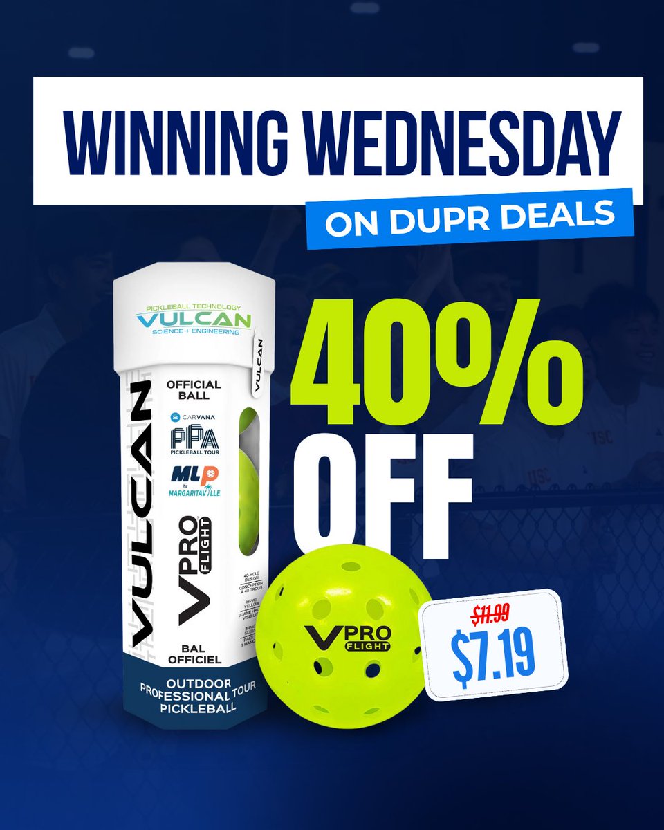 Hey, it’s Winning Wednesday! Are you smashing your goals AND your pickleballs this week?

We’ve got you covered 👊 🔥 40% OFF Vulcan balls at the DUPR Shop only with DUPR+. Because nothing should hold your game back — not even the gear 💪

Claim now! shop.dupr.com