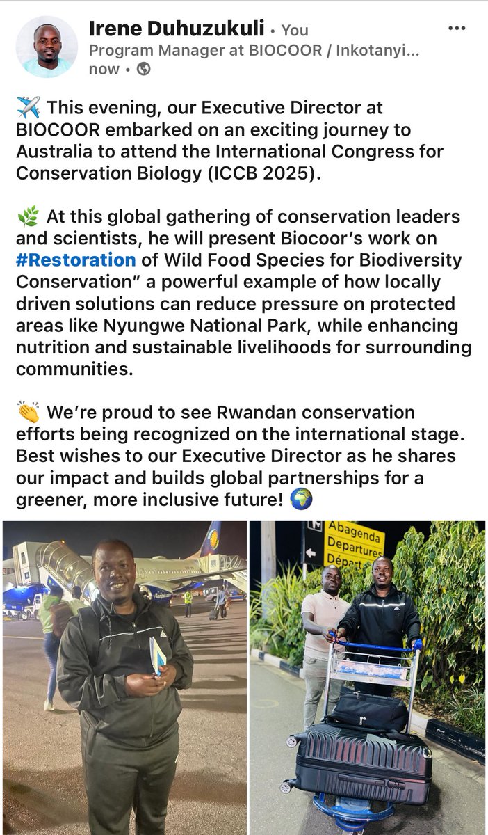 BIOCOOR (@biocoor) on Twitter photo This evening, our Executive Director <a href="/ImanishimweAnge/">Dr Ange IMANISHIMWE, PhD</a> flew to Australia to attend #ICCB2025, where he’ll present Biocoor’s work on restoring wild food species for biodiversity & community resilience around Nyungwe 🌿🌍 This evening, our Executive Director <a href="/ImanishimweAnge/">Dr Ange IMANISHIMWE, PhD</a> flew to Australia to attend #ICCB2025, where he’ll present Biocoor’s work on restoring wild food species for biodiversity & community resilience around Nyungwe 🌿🌍