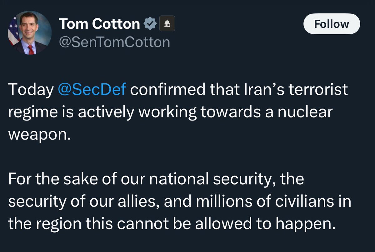 Raylan Givens (@jewishwarrior13) on Twitter photo 🚨 Senator Tom Cotton: Defense Secretary Pete Hesseth confirmed tonight that Iran is actively working to obtain nuclear weapons <a href="/SenTomCotton/">Tom Cotton</a> 🚨 Senator Tom Cotton: Defense Secretary Pete Hesseth confirmed tonight that Iran is actively working to obtain nuclear weapons <a href="/SenTomCotton/">Tom Cotton</a>