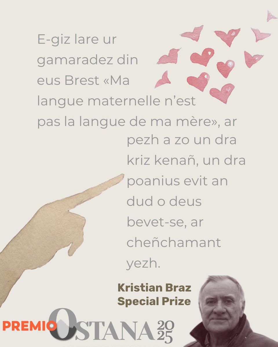 🏆 SPECIAL PRIZE 2025 to Kristian Braz – Breton language

#KristianBraz dedicated his life to #Breton memory and language. He has made his story a  linguistic resistance's example, reminding us that reclaiming a language's also a way to reclaim oneself

#PremioOstana