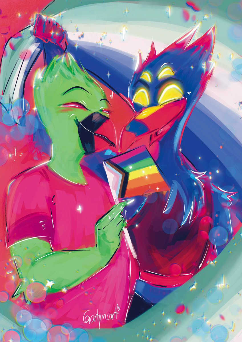 Nevertoldmewhat's tweet image. ✨PRIDE✨
Happy (belated) Birthday @TrebleRose89 !
I hope I did your OCs Archie &amp;amp; Winston justice 🥲 but they played exactly into my color palette haha.
.
#helluvaboss #helluvabossOCs