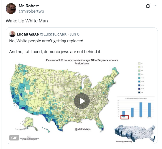 ReichlinMelnick's tweet image. This poster was made by an white supremacist who has posted anti-Jewish Great Replacement propaganda and uses and supports the N word. It was then shared publicly by the Department of Homeland Security, Stephen Miller, and the White House.

This country is in serious trouble.