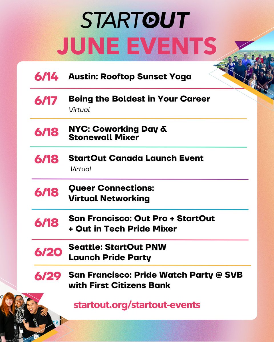 It’s #PRIDEMONTH🌈 and we have lots of opportunities for the #StartOut community to connect! Our incredible chapter city programming boards host events that bring together local entrepreneur ecosystems.

Check out these events and more at startout.org/startout-events