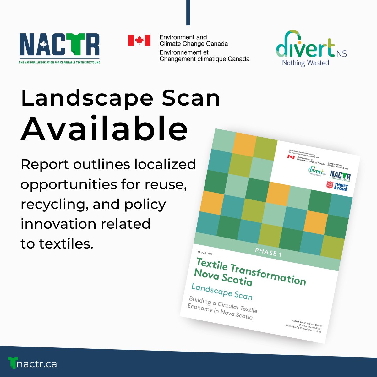 NACTRca's tweet photo. Textile Transformation NS (Phase I) is now live!
Textiles now make up 18%+ of landfill waste in NS. This report outlines strategies for a circular future.
Read it via DivertNS or the NACTR site.
🔗 https://t.co/3osGR0eslX
@DivertNS
@environmentca
#TextileReuse #Sustainability https://t.co/11hSajYlVz