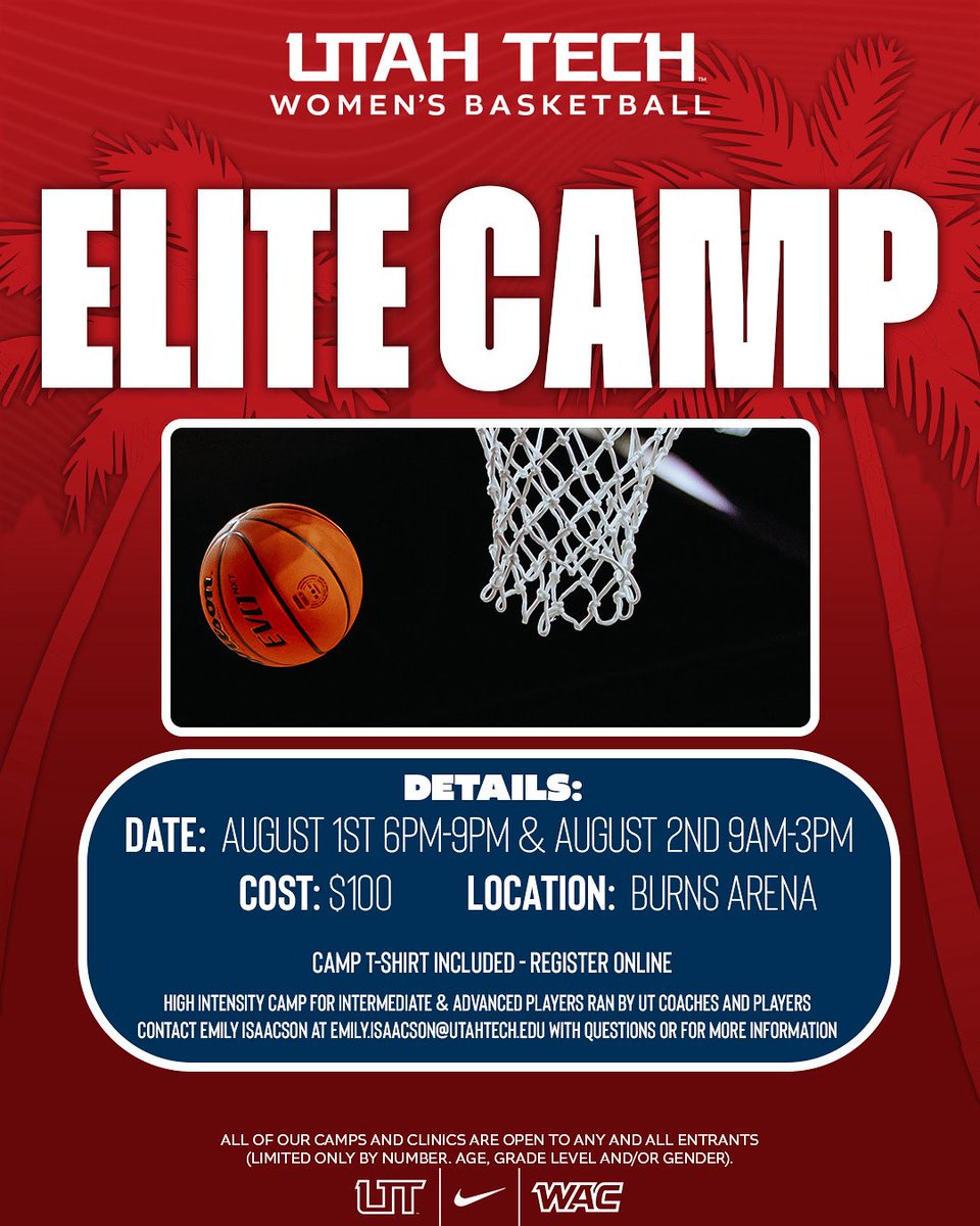UtahTech_WBB's tweet image. Mark your calendars for our Elite Camp!
💻Register here: shorturl.at/TxnZt
#utahtechblazers | #wacwbb
