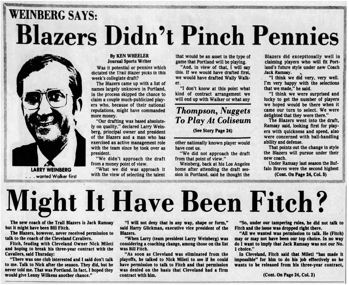 77Blazers's tweet photo. June 11, 1976 - The #OregonJournal reports that the @trailblazers asked the @cavs for permission to talk with coach #BillFitch prior to hiring #JackRamsay. 

#Cleveland denied the #Blazers request.

Fitch, who has been the only coach the #Cavaliers have had, has been publicly feuding with the #Cleveland owner for the past few months to get out of his contract. It is rumored his has been trying to get out of his contract in order to talk with the @Lakers about their head coaching vacancy, though Fitch has said, "If there was an expansion team in Nome, Alaska and (Cavaliers owner) #NickMileti wouldn't be involved, I'd go today." 

#RipCity #ThisDateinBlazersHistory #OTD