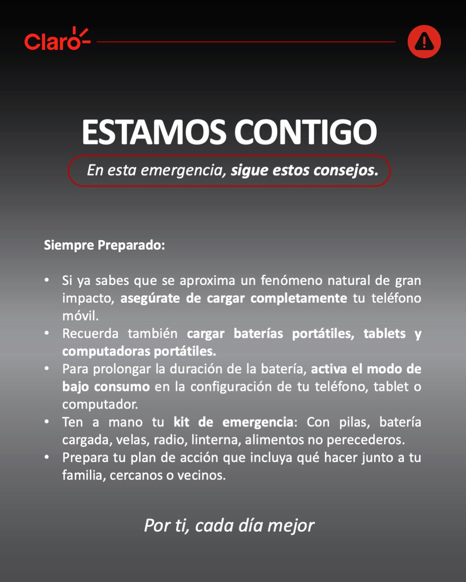 miclaro_cl's tweet photo. Ante la alerta de @Senapred, por emergencias climáticas en varias regiones del país, queremos que estés preparado. Carga tu teléfono, coordínate con tus cercanos, prepara tu plan de contingencia, son algunas de las recomendaciones que te dejamos aquí. https://t.co/hhwctfof5k