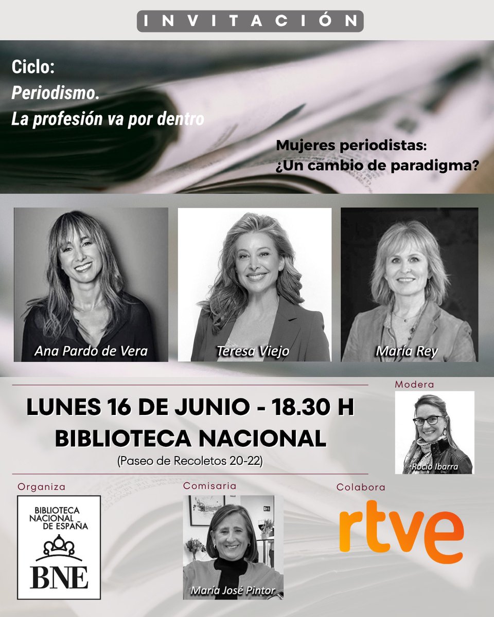 Mujeres periodistas, ¿un cambio de paradigma?
Lunes 16-18:00 en BNE <a href="/BNE_biblioteca/">Biblioteca Nacional de España</a>
<a href="/gabrielrufian/">Gabriel Rufián</a> <a href="/gerardotc/">gerardo tecé</a> <a href="/IratxeGarper/">Iratxe García Pérez /❤️</a> <a href="/julia_otero/">Julia Otero</a> <a href="/AFPespanol/">Agence France-Presse</a> <a href="/AimarBretos/">Aimar Bretos</a> <a href="/SIntxaurrondo/">Silvia Intxaurrondo</a> <a href="/SarahPerezSanta/">Sarah Santaolalla. ♀</a> <a href="/sancho_mayte/">Mayte Sancho</a> <a href="/G_landaburu/">Gorka Landaburu</a> <a href="/Josepablo_ls/">José Pablo López</a> <a href="/Ruiz_Noticias/">Javier Ruiz</a> <a href="/jordievole/">Jordi Évole</a> <a href="/Marodriguez1971/">Miguel A. Rodríguez</a>