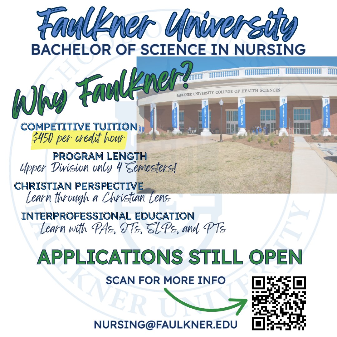 FaulknerEdu's tweet image. We are still accepting applications to our NEW Nursing Program!!!

Apply now to be a part of this amazing journey and make a difference in healthcare! 💉👩‍⚕️Learn more at- faulkner.edu/nursing/

#NursingProgram #ExcitingNews #HealthcareHeroes #FutureNurses #JoinUs