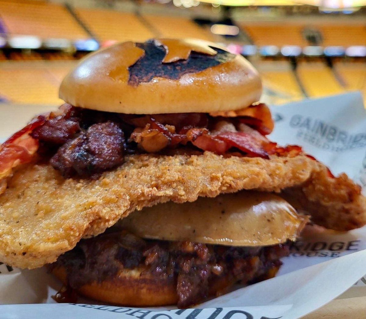 Available tonight in Indiana for Game 3 of the NBA Finals Game 3:

The Indiana Porkster ($16.99) — Crispy pork tenderloin, Osiris beer roasted bratwurst, Nueske’s s thick cut bacon, bacon onion jam and whole grain mustard on an Indiana branded bun.

(📸 by <a href="/LevyRestaurants/">Levy</a>)