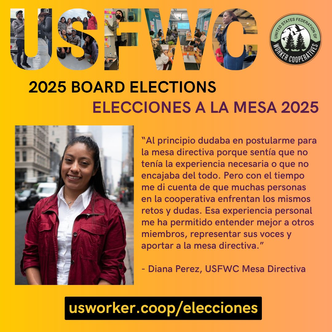 Ahora es el momento para ofrecer los aprendizajes de tu cooperativa a la red nacional - ¡postúlate para la Mesa antes del 4 de julio!  

Cada comunicación en esta mesa incluye traducción entre inglés y español 📲usworker.coop/elecciones