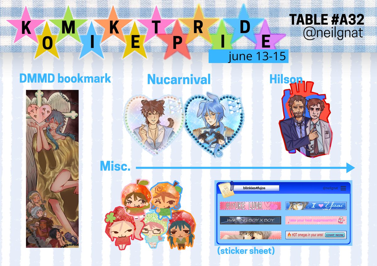 neil 🦟 (@neilgnat) on Twitter photo will be at komiket pride week 2 with <a href="/astr_hal/">hal @ TAIYO DAY</a> <a href="/naut1kale/">Kale | KAKKOII & KAWAII</a> and <a href="/sharkm4to/">mato</a> at table A32! ill have the almost the same catalog as before plus some additional stuff :p vvv will be at komiket pride week 2 with <a href="/astr_hal/">hal @ TAIYO DAY</a> <a href="/naut1kale/">Kale | KAKKOII & KAWAII</a> and <a href="/sharkm4to/">mato</a> at table A32! ill have the almost the same catalog as before plus some additional stuff :p vvv