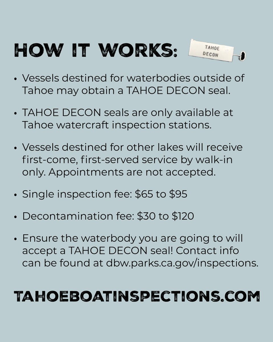 TahoeBoating's tweet image. Lake Tahoe watercraft inspection stations are now offering grey TAHOE DECON seals for vessels destined for other waterbodies! 🔒

Please check with your destination ensure they accept TAHOE DECON seals. Contact information can be found dbw.parks.ca.gov/inspections